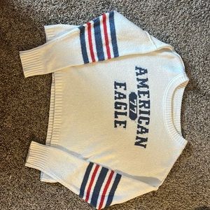 This is an American Eagle sweater, size M, colors are blue, white, and red.